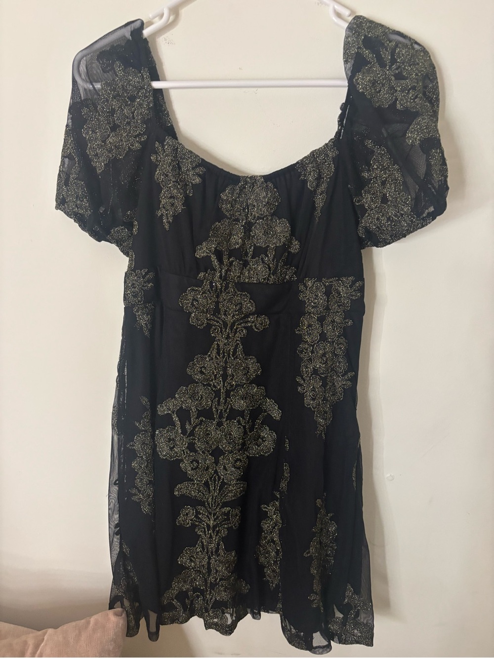 Black Dress with Gold Floral Embroidery - Women's Elegant Puff Sleeve Dress